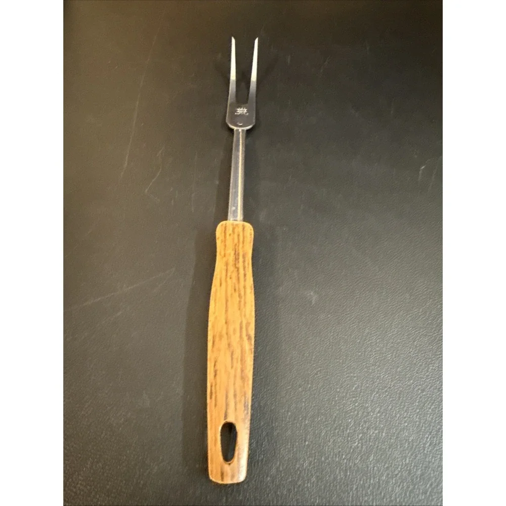 Vintage Ekco USA Stainless Steel 2 Prong Carving Meat Fork Faux Wood Handle 12